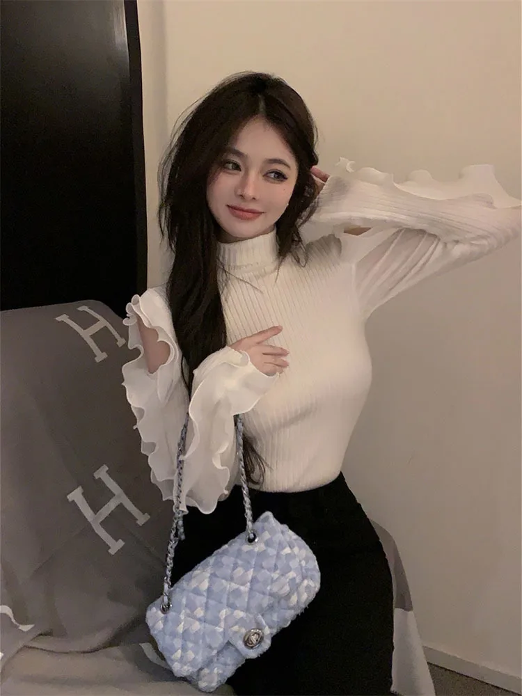 Japan Style Fashion Pullovers Women Ruffles Patchwork Hollow Out