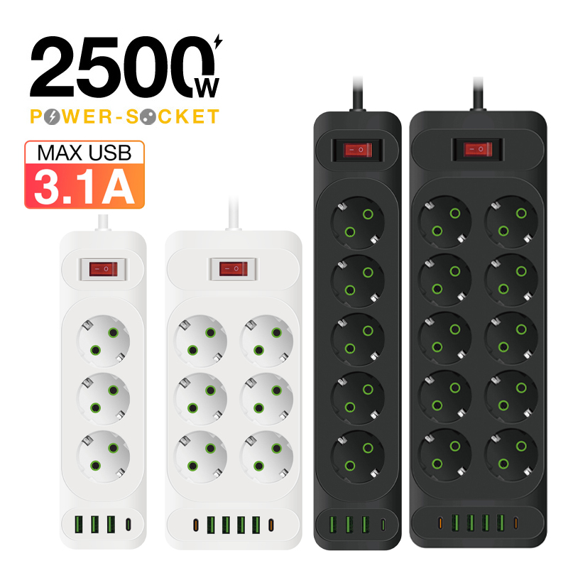 EU Plug Power Strip AC Outlet Multitap Extension Cord Electrical Socket With 4 USB Ports Fast Charge Multiprise Network Filter