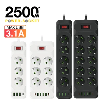 EU 플러그 전원 스트립 AC 콘센트 멀티탭 연장 코드 전기 소켓, 4 개의 USB 포트 포함, 고속 충전, 멀티탭 멀티탭 네트워크 필터