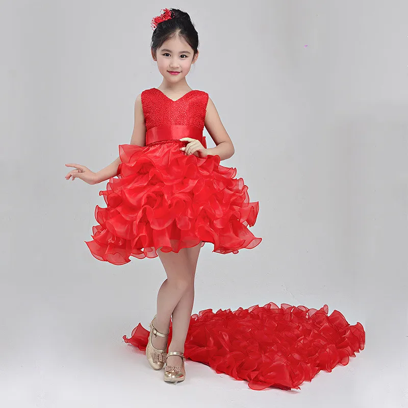 2-13T Flower Girl Trailing Wedding Dresses Children High Quality Tutu Mermaid Dress V-Neck Big Bow Princess Long Clothing christmas dress