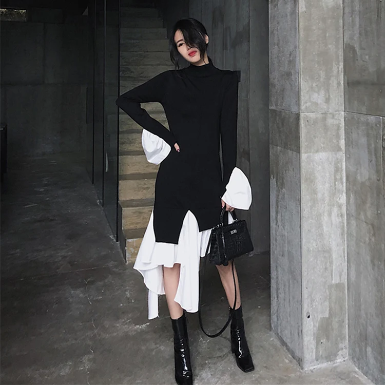 

2024 Spring Summer Fashion Korean Retro Irregular Knitted Women's Dress Half Turtleneck For Slimming Midi Dress