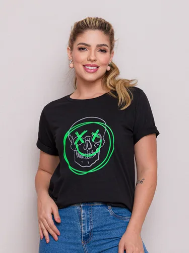 Camiseta Feminina Estampada Caveira Sorriso