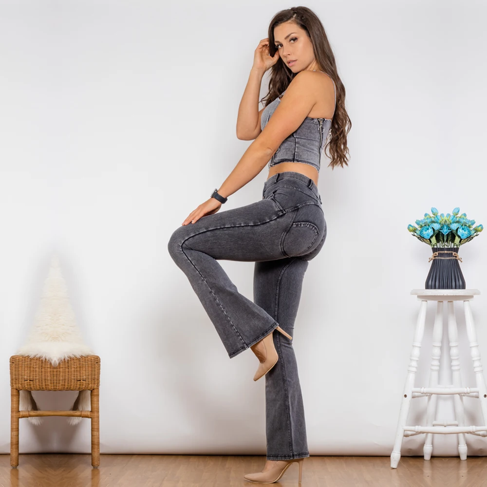 Shascullfites Shaper Suit Grey Denim Bodysuit Zipper Push Up Top Middle Waist Butt Lift Flare Jeans Women Two Piece Outfits