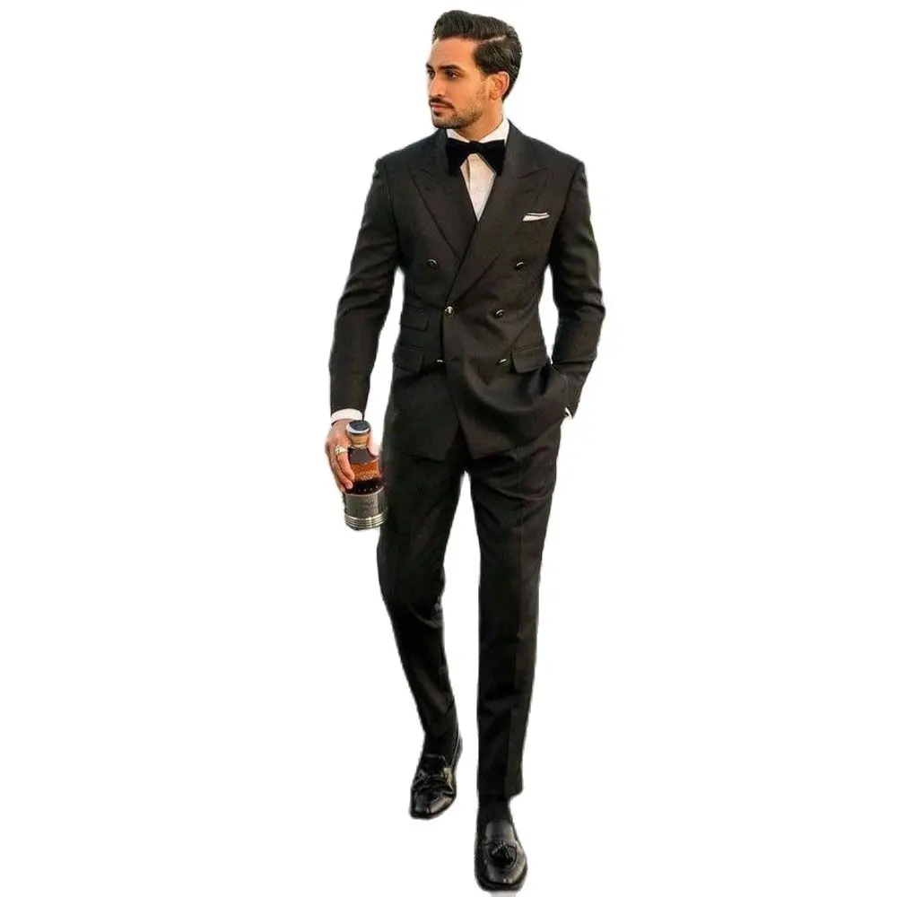 

Double Breast Black Wedding Tuxedos 2 Pieces Slim Fit Prom Business Formal Suit Set British Style Gentlemen Blazer