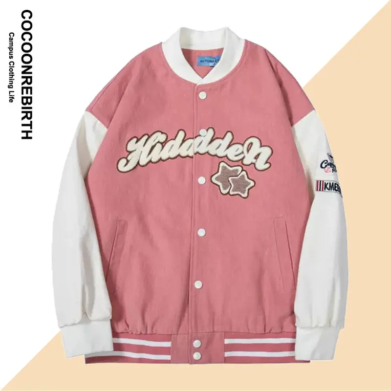 

Japanese Vintage Varsity Jacket Men Women Patchwork Letter Flocking Streetwear Loose Casual Baseball Jacket Spring 2023