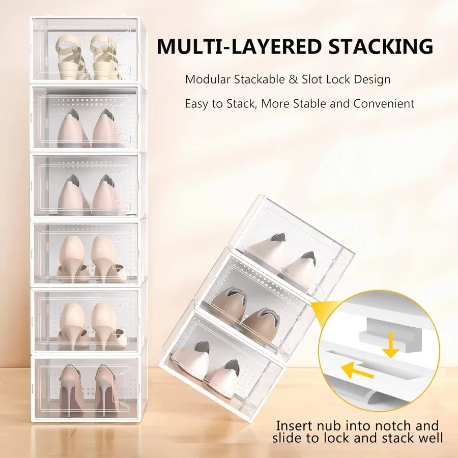 12 Pack XX Large Shoe Storage Organizer for Closet Modular Space Saving Shoe Boxes Clear Plastic Stackable Containers Display C