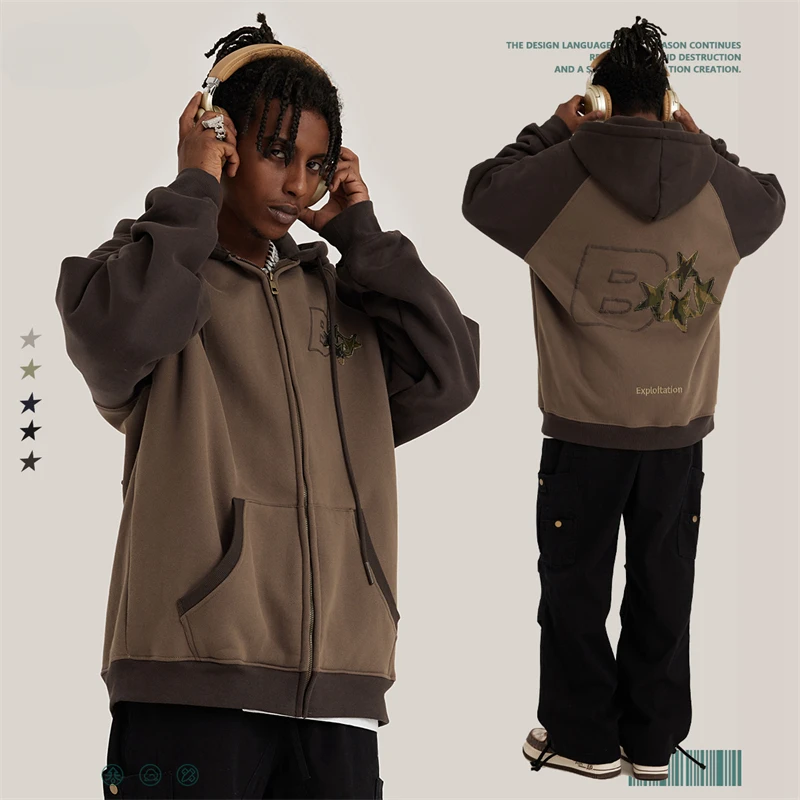 

2023 Winter Men Fleece Zipper Raglan Sleeve Hoodies Unisex Loose 405gsm Embroidery Foaming Printing Hooded Pullovers