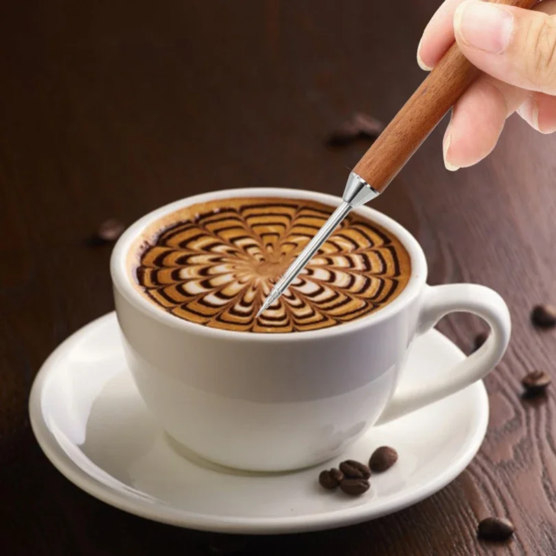 Stainless Steel Coffee Latte Art Pen Stainless Steel Spice Cappuccino Pull Needle Wooden Carving Hook for Floral Design
