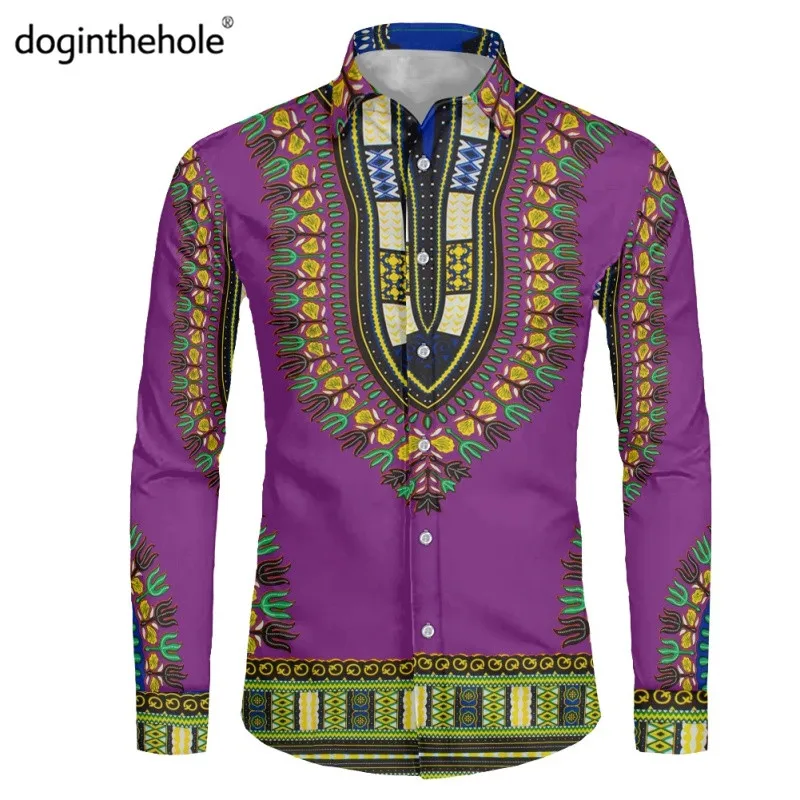 

Tribal Pattern Men Long Sleeve Shirts Breathable Turn-collar Male Tops 2022 Autumn Men Clothing Social Shirts Camisa Masculina