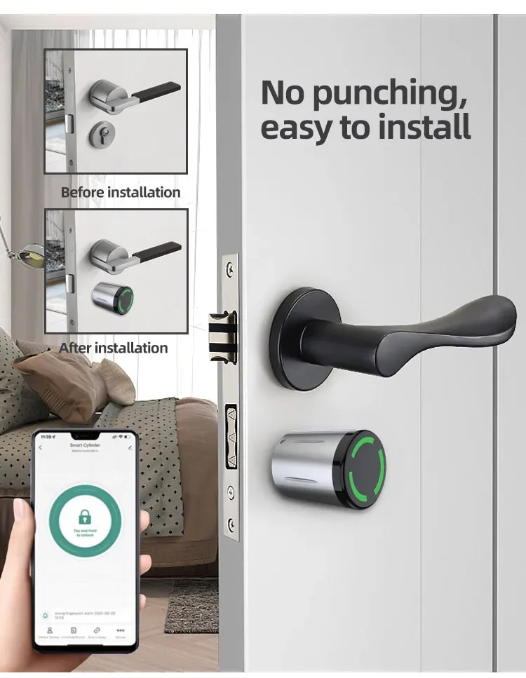스마트 실린더 잠금 장치, 유로 IP65 방수, RFID 카드, Tuya ttlock 블루투스 교체, 드릴링 없음, 디지털 스마트 실린더 문짝 잠금 장치