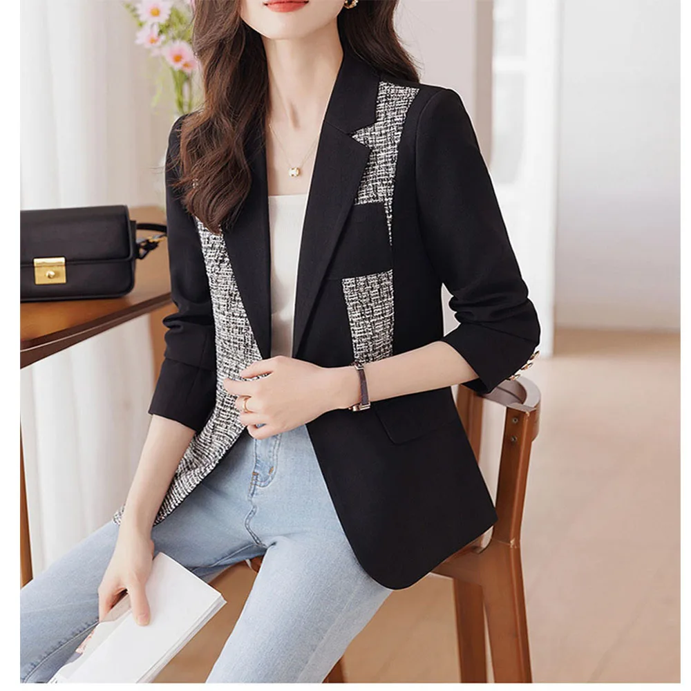 Tesco Black Women Blazer Suit Autumn New Design Casual Jacket Spliced Chin Coat For Office Lady Female Outerwear blazer mujer