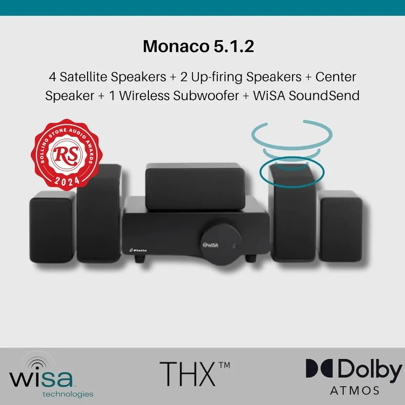 Monaco 5.1.2 Home Theater System - Wireless Surround Sound System Upward Firing Speakers - THX Tuned & WiSA Certified