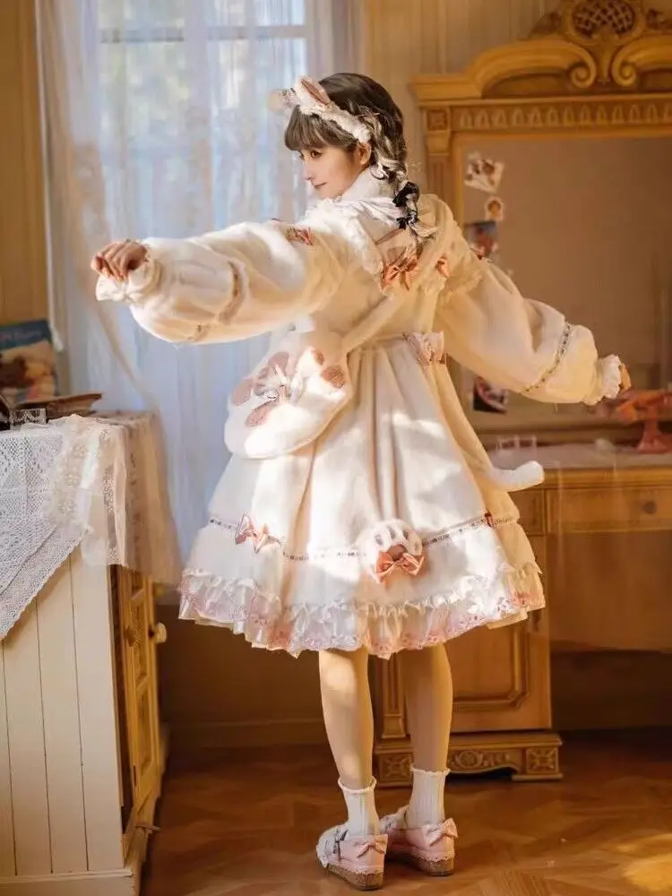 Little Milk Meow Cat Lolita Dress Plush Autumn Winter Long Sleeve Thickened New Year Clothes Birthday Party Girl Bag