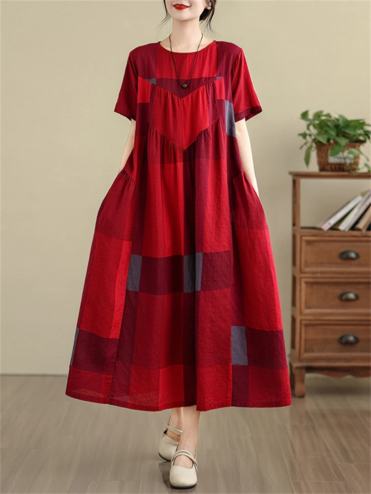 Summer Cotton Vintage Casual Loose Blue Plaid Dresses For Women Short Sleeve Dress Femme Vestidos Elegant Fashion Long Clothing