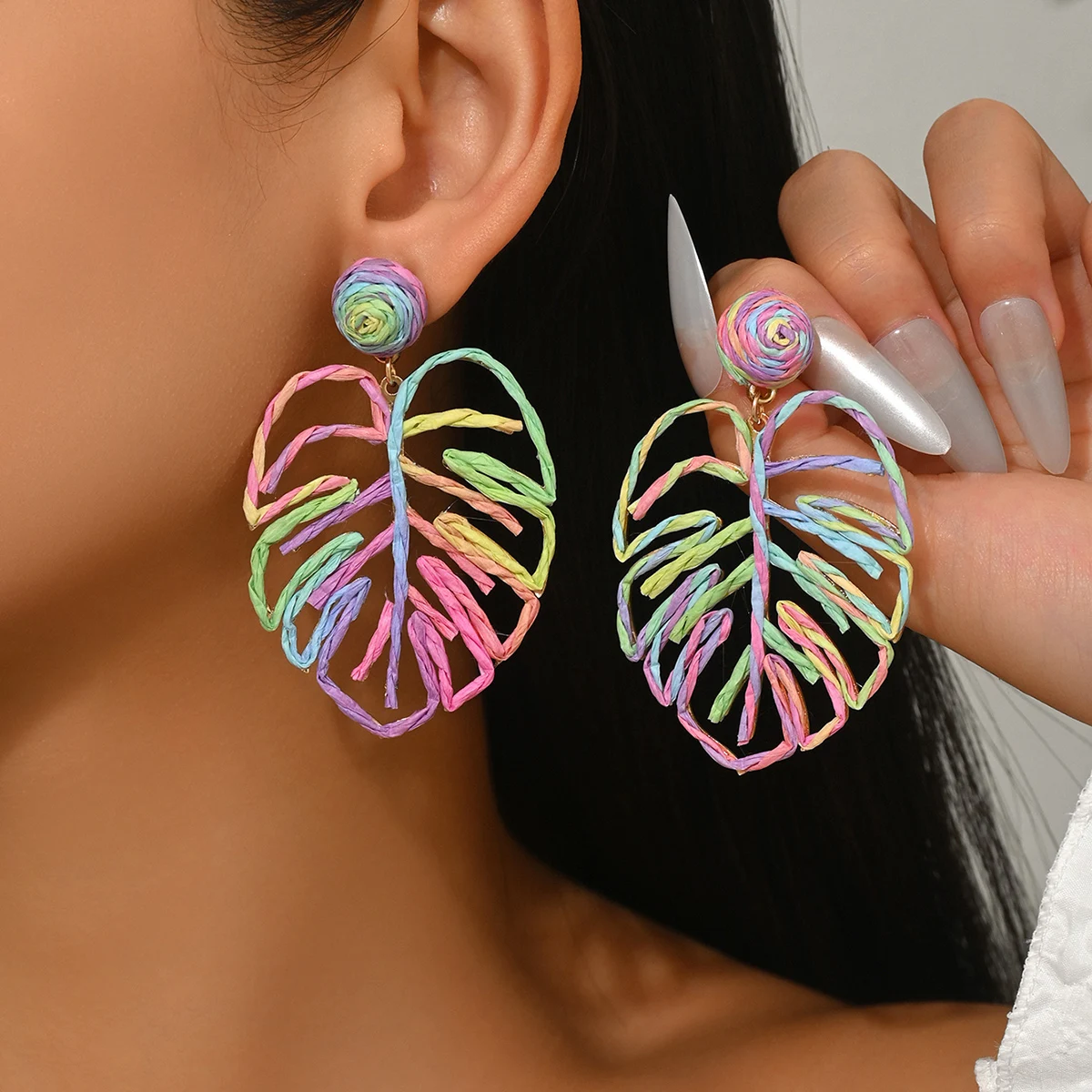 Boho Fashion Hollow Leaf Raffia Drop Earrings for Women Summer Beach Exquisite Geometric Rattan Knit Earrings Handmade Jewelry