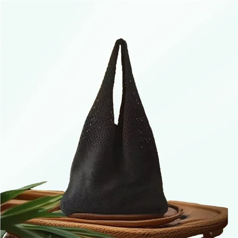 Chic Simple Retro Hollow Tote Bag Stylish Hollow Out Knitted Shoulder Bag Weave Handbag Shopping Bag for Women Daily Collocation