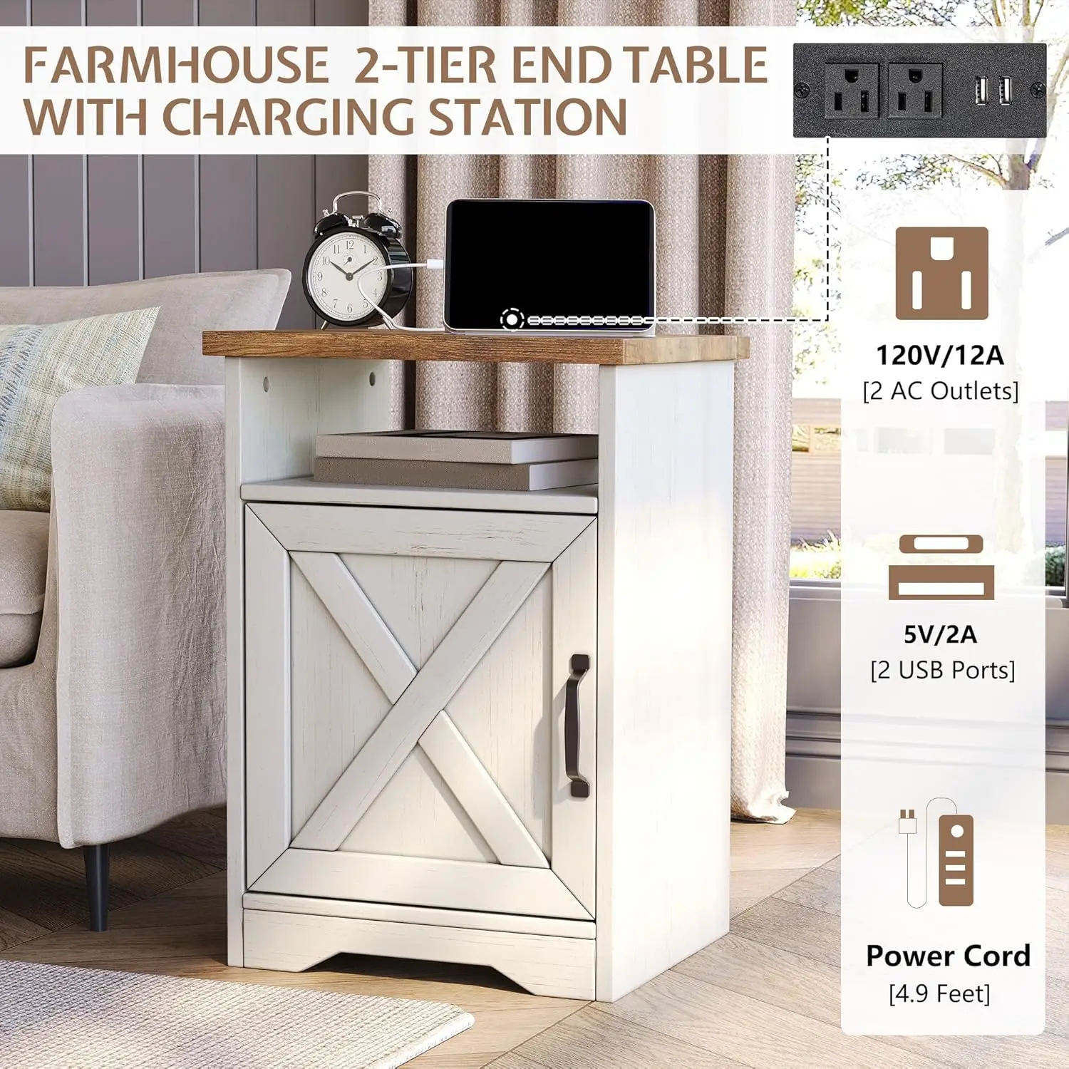 3-Piece Farmhouse Living Room Table Sets, Includes 1 x Coffee Table, 2 x End Tables with Charging Station & USB, Customized
