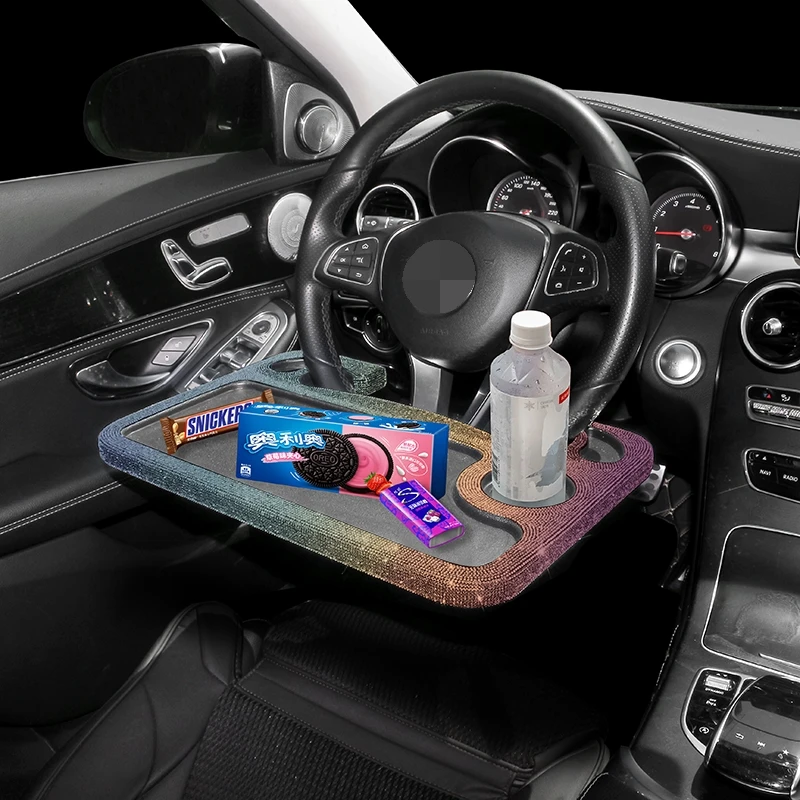 Volante de mesa de coche para mujer, carrito de trabajo para comer, portavasos, asiento de coche, bandeja de comida, accesorios ostentosos, Interior