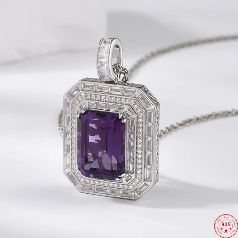 

S925 Sterling Silver Charms Pendant for Women Men New Fashion Hollow Carving Micro Zircon Square Amethyst Jewelry Free Shipping