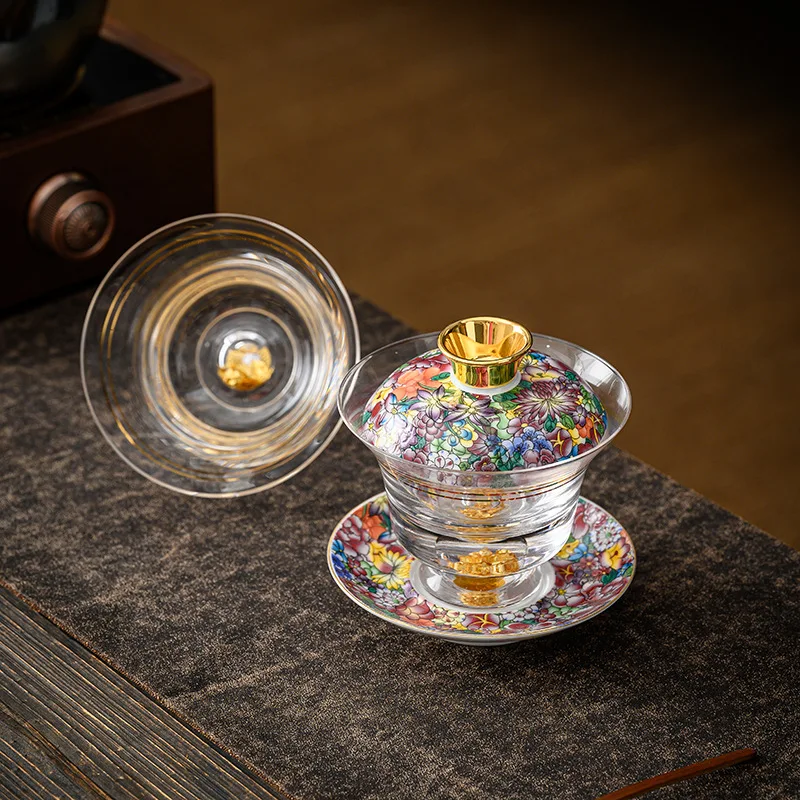 Enamel Colored Glass Gaiwan Puer Tea Bowls Crystal Tea Bowl Tureen Lid Bowl Lotus Hand Drawing Gaiwan Travel Gai Wan Cup Set