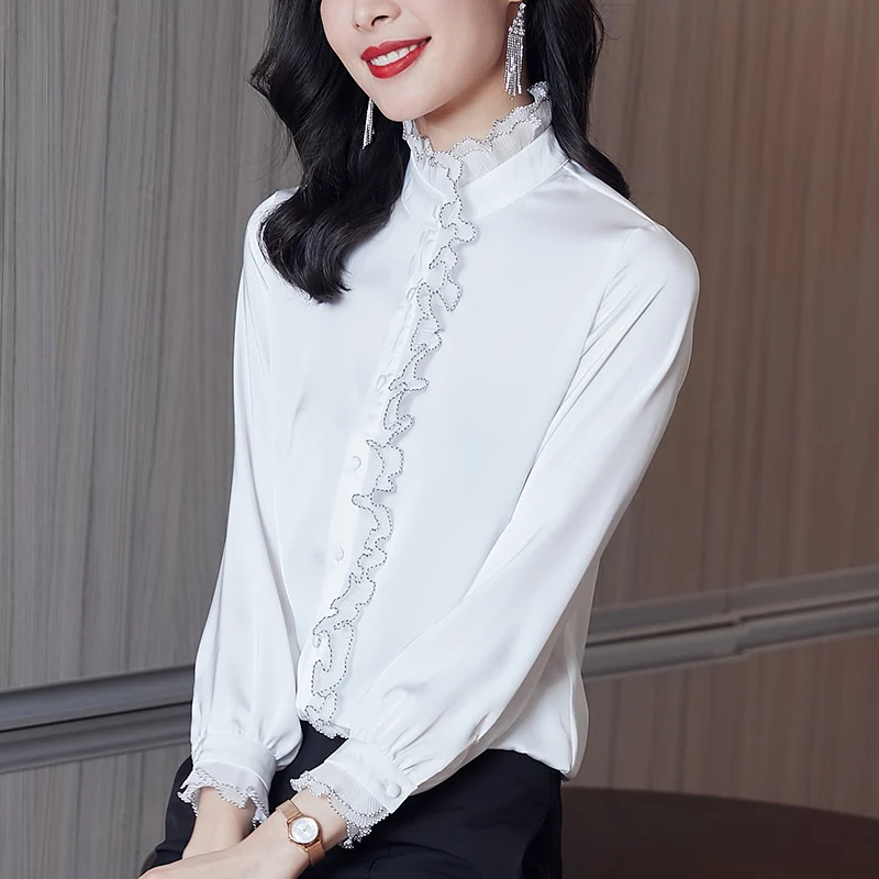 여성용 다용도 스탠딩 칼라 나무 귀 가장자리 셔츠, 긴팔, 패셔너블하고 우아한 여성 상의, 용수철 가을 신상