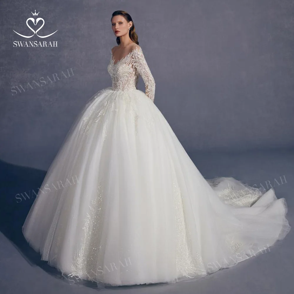 Long Sleeve Wedding Dress 2025 Luxury Shiny Appliques Beaded Ball Gown Princess Bride SwanSarah AV01 customized Vestido De Novia 2
