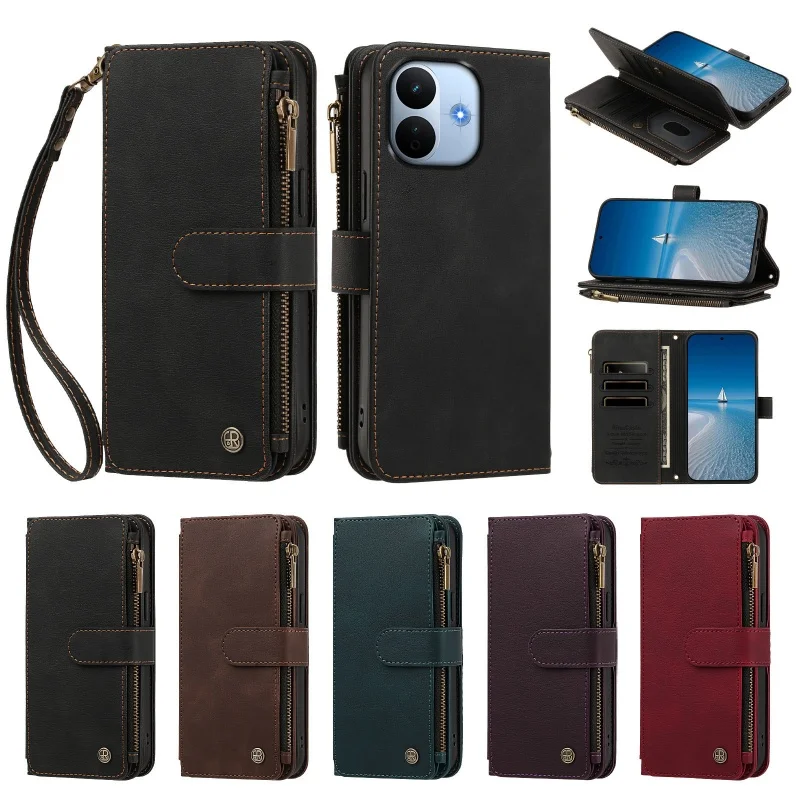 Retor Leather Zip Wallet Card Phone Case with Lanyard and Flip Purse Holder