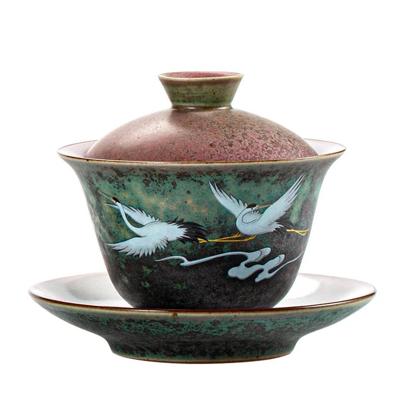 Anti-scald Large Ceramic Retro Tea Cover Bowl with Lid Sancai Gaiwan Single Tea Bowl Hand Painted Shining Crane Cover