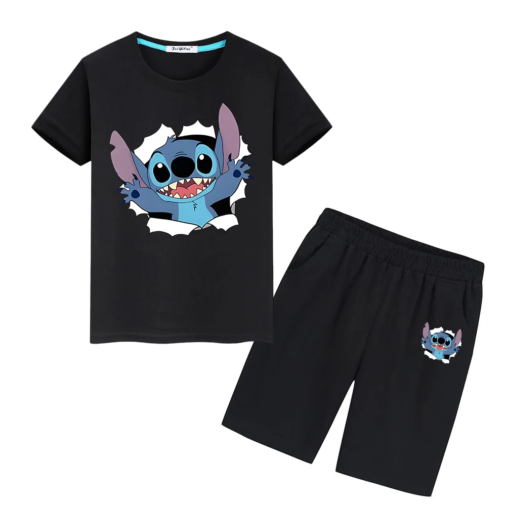 

disney 100%Cotton Print T-shirt boys girls Cute Tees Summer Short+pant Sports Sets Stitch Disney Kawaii Tshirts kid holiday gift
