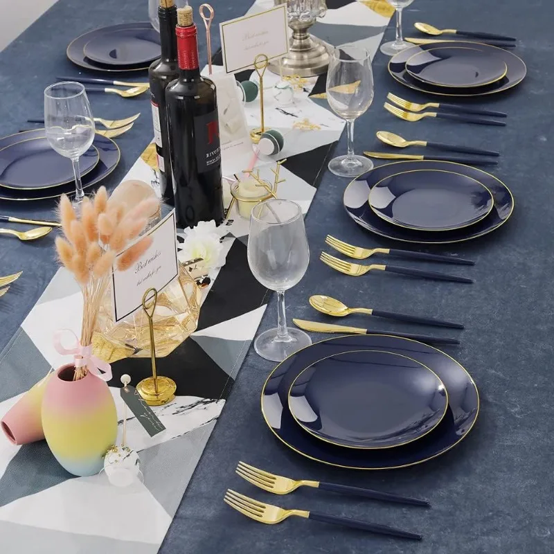 150PCS Blue Plastic Plates-Gold Plastic Silverware-Navy Disposable Plates Include 30 Guests Plates, Forks, Spoons, Knives