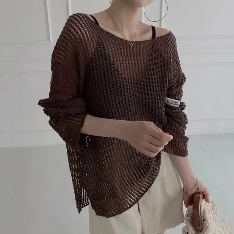 Korean Fashion Hollow See Through Sunscreen Knit Covers UpRound Neck Loose Casual Women Blouse Long Sleeve Simple Thin Shirts