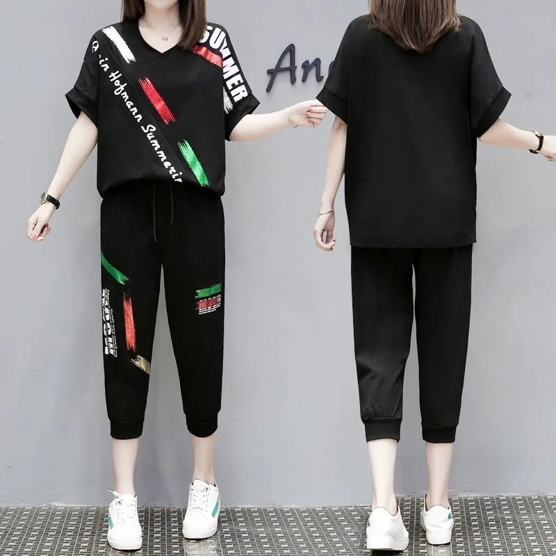 

Женский спортивный костюм из двух предметов, корейский стиль, топ с коротким рукавом и брюки до щиколотки, лето 2024