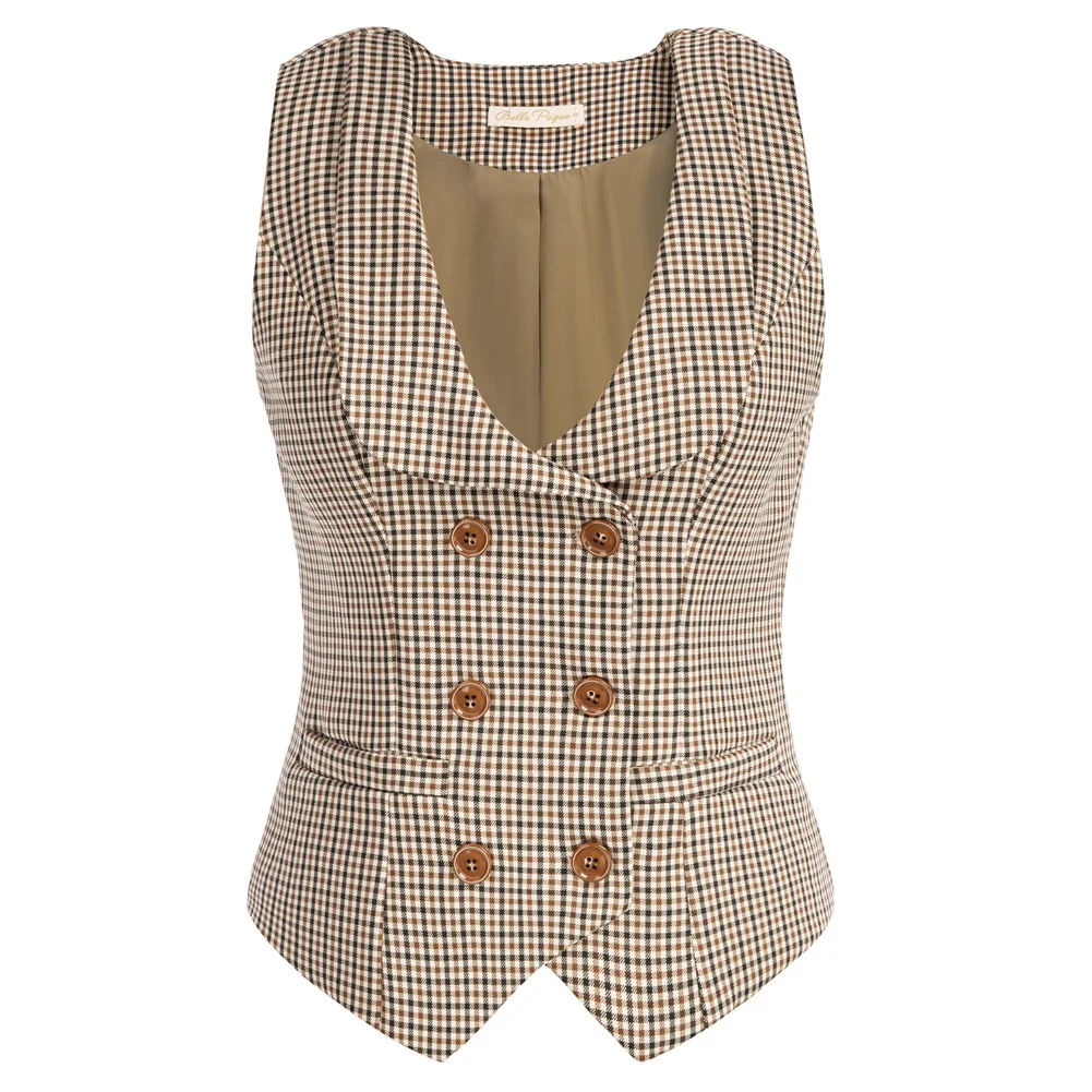 BP Women Vintage Retro Double Breasted Vest Deep V-Neck Handkerchief Hem Vest Coat Sleeveless Slim Jackets Causal Female Clothes