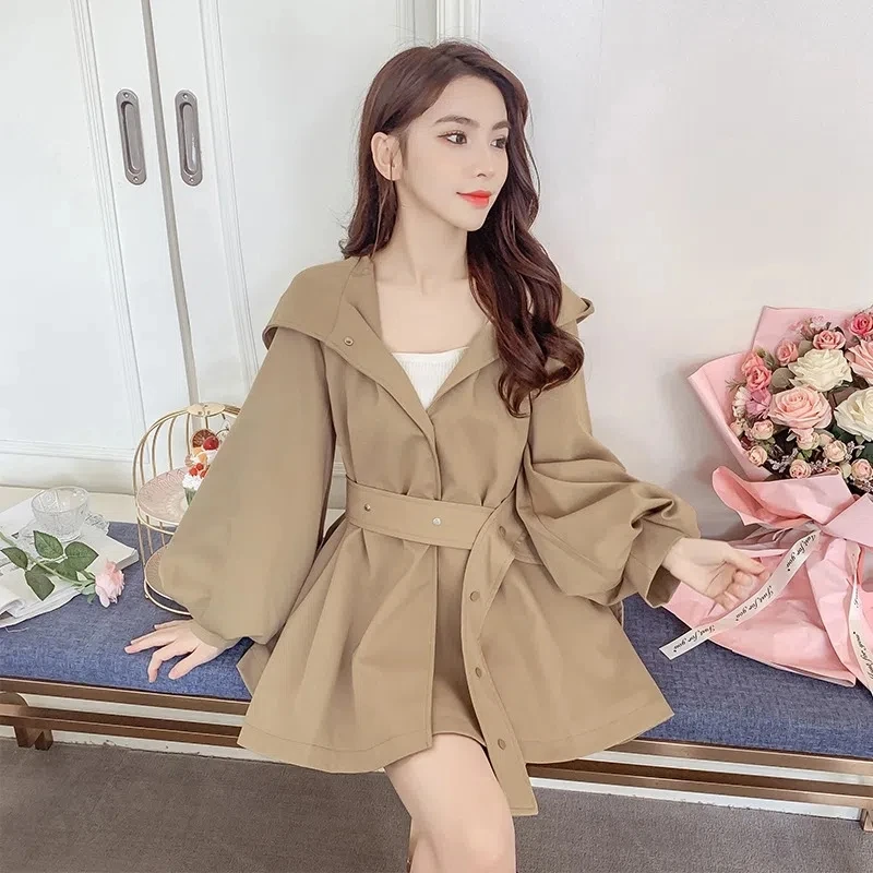 Trench Coat Women 2022 Spring Autumn Fashion All-match Hepburn Windbreaker Jacket Female Hooded Waist Lantern Sleeve Outerwear