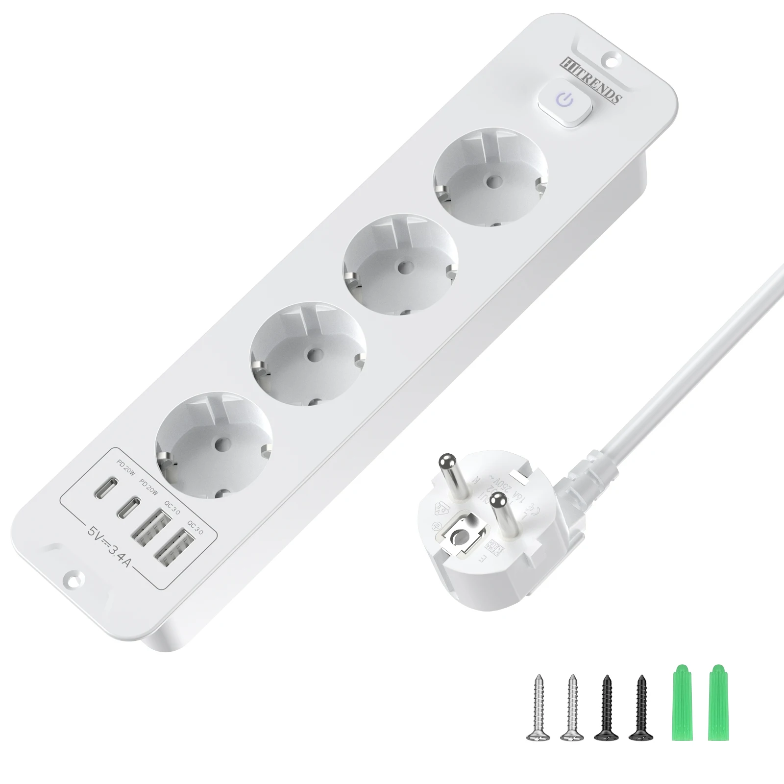 EU Desktop Bulit in Socket Power Strip with 2 USB A 2 USB C, Table Recessed Socket Multiple Plug with Switch 2m Cable 4 Outlet 2