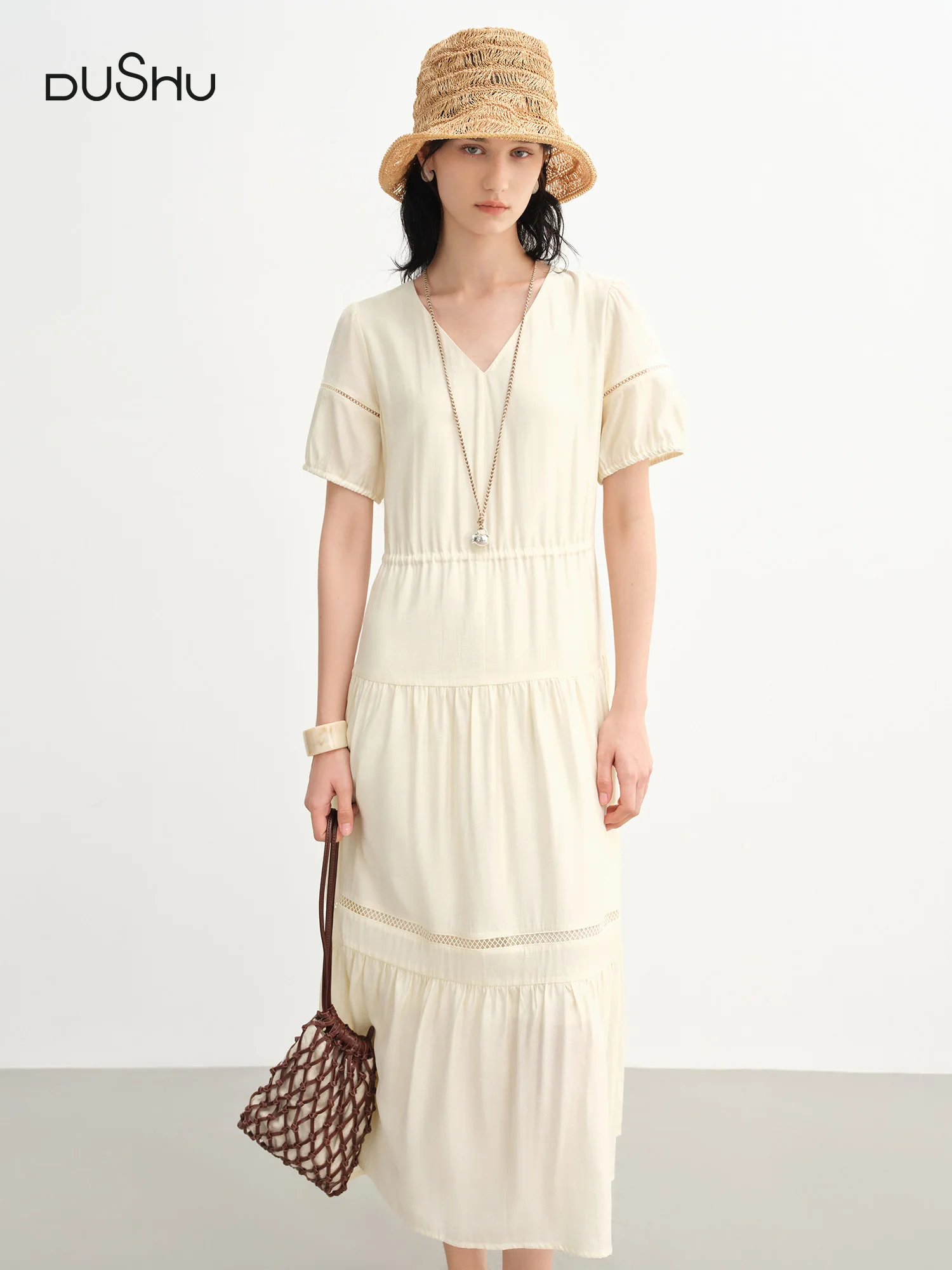 chinese dress ladies Ivy Linen Midi Dress-French Navy, Rope Trellis