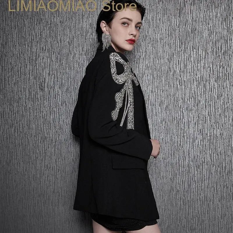 New Fashion Women's Black Blazer Notched Collar Long Sleeve Luxury Handmade Butterfly Crystal Beading Blazers Lady Jacket