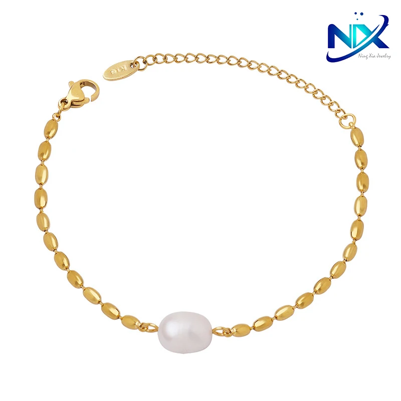 

French Baroque Fresh Water Pearl With Chain Design Temperament Metal Chain Bracelet Titanium Steel Ornaments Drop Shipping