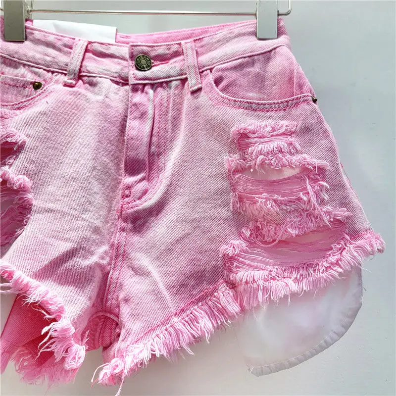 여성용 누출 포켓 스트리트 홀 워싱 레트로 블루 데님 반바지, 스파이스 걸 패션 청바지 핫팬츠, 2025 여름 신상
