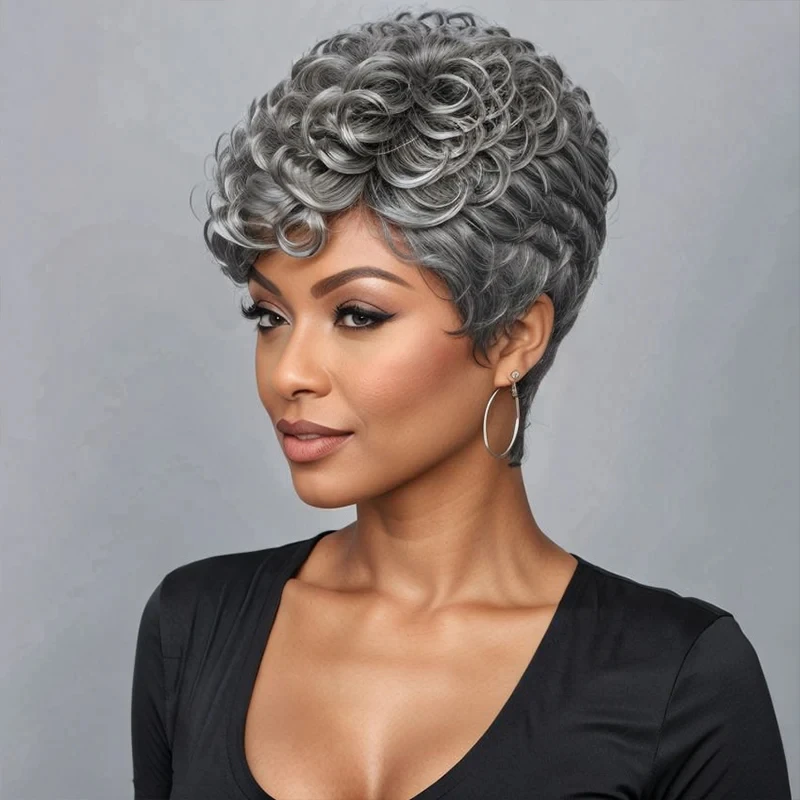 Hairinside Bob Wig Salt and Pepper Silver Grey Short curly Virgin Brazilian Human Hair Wigs For Women Hair curly 200 Density