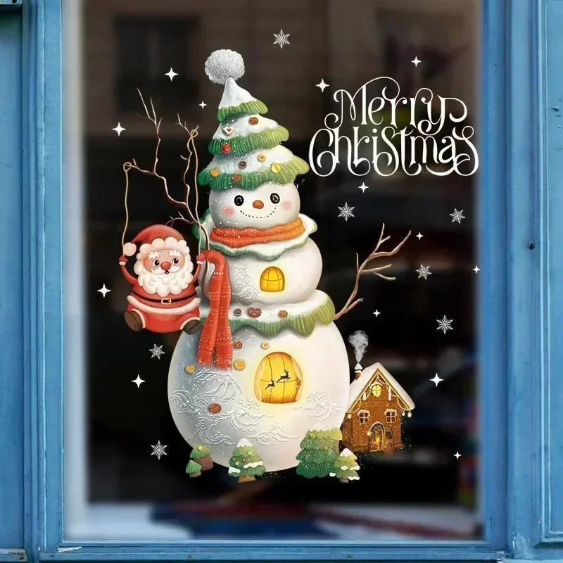 1Pcs Christmas Window Glass Sticker Cartoon Snowman Pattern Home Living Room Wall Holiday Self-adhesive Decoration Accessories