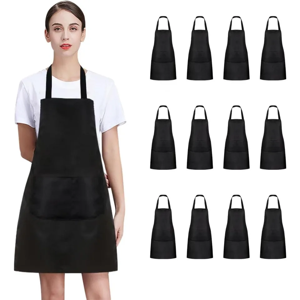 Durable Black Bib Aprons with Pockets for Adults