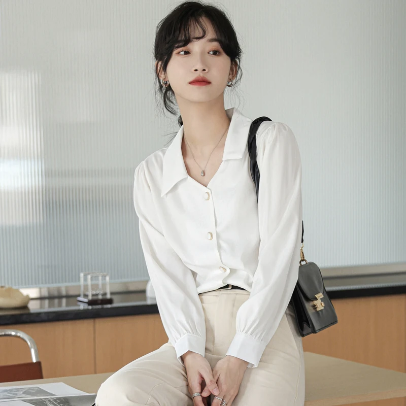 

Pink Shirt Women's Long Sleeve Design Sense Of Niche Chiffon Top Autumn Temperament V-neck Professional Ol Shirt Ins Style