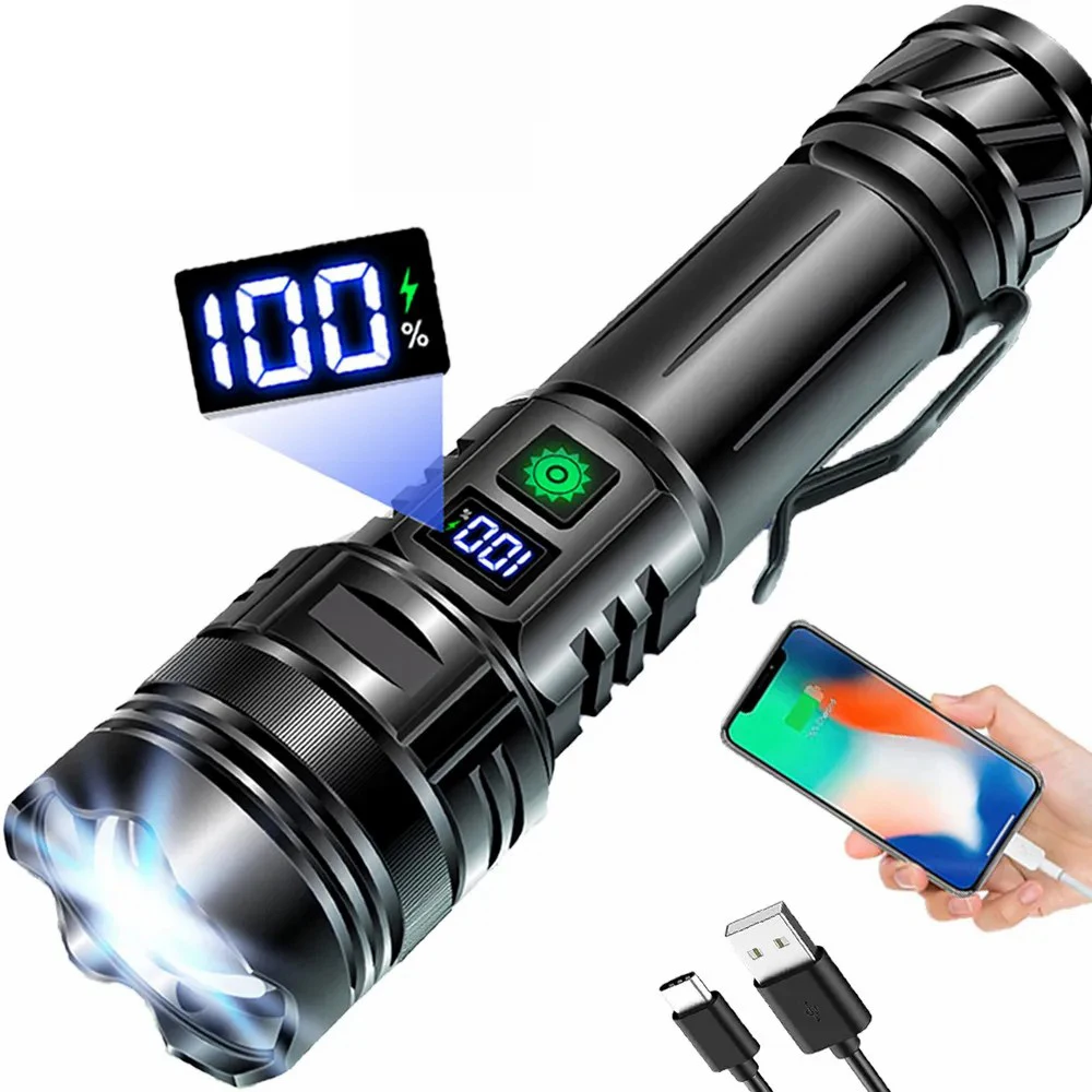 

E2 Zoom Powerful LED Flashlight High Power 30W Torch with Power Display Screen Spotlight USB Rechargeable 26650 Camping Lantern