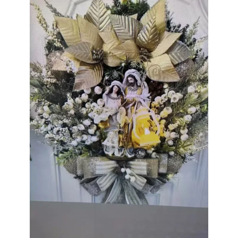 Christmas Wreath With Lamp Bow Ball Big Red Flower Navidad Party Wall Door Window Fireplace Staircase Balcony Garden Wreath