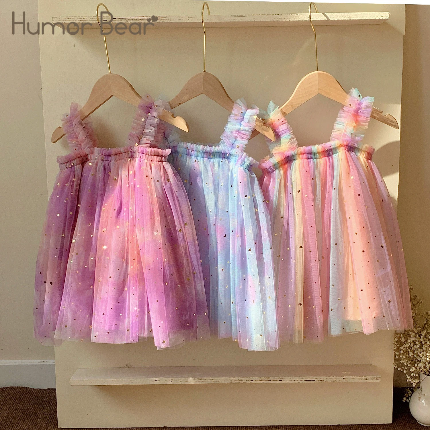 

Humor Bear Children's Popular Suspender Princess Dresses Stars Moons Rainbow Mesh Baby Girl's Beach Dresses