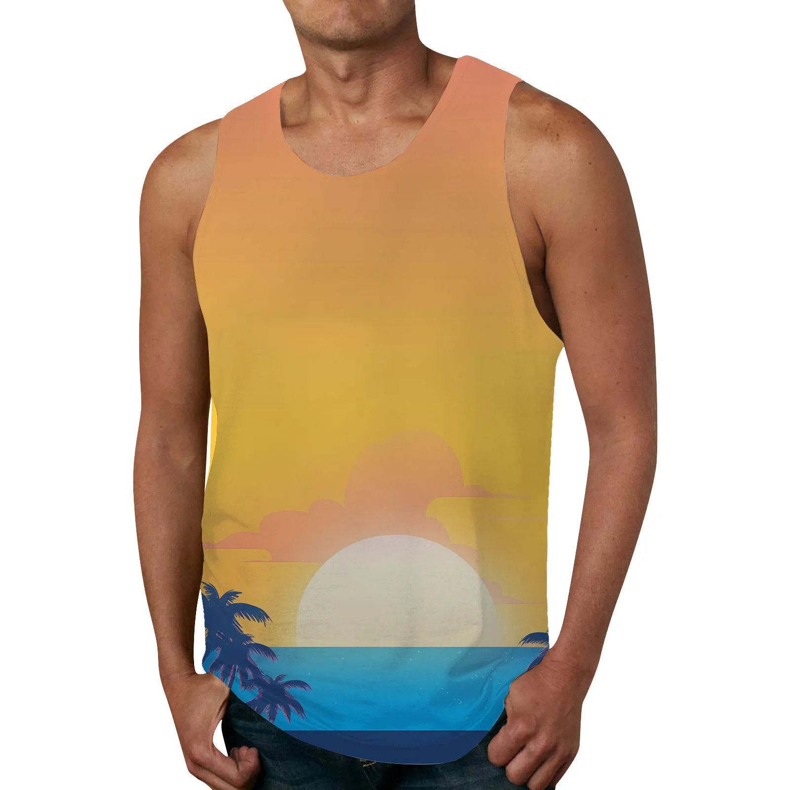 Hawaiian Tanks For Men Casual Fashionable Versatile Sleeveless Tank Summer Beach Printed Round Neck Tank Top футболка женский