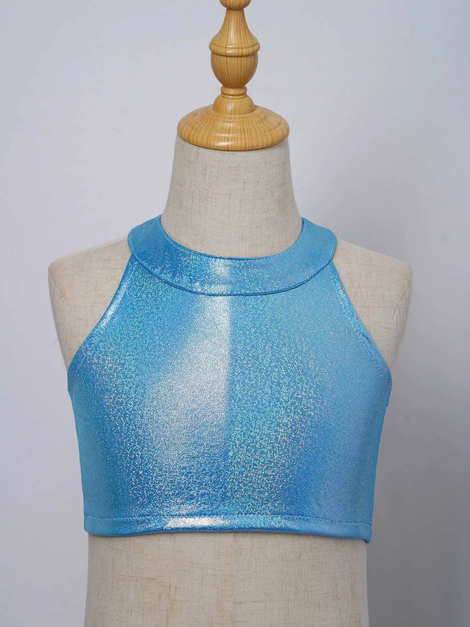 Kids Girls Metallic Shiny Jazz Dance Crop Top Sleeveless Keyhole Back Vest Tops Hip-hop Street Dancing Stage Performance Costume