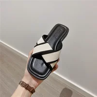 Women's Slippers and Ladies Sandals Open Toe Low Heel Outside on Beach House Black Indoor Home Slides Shoes Beige Word Flat - Image 3