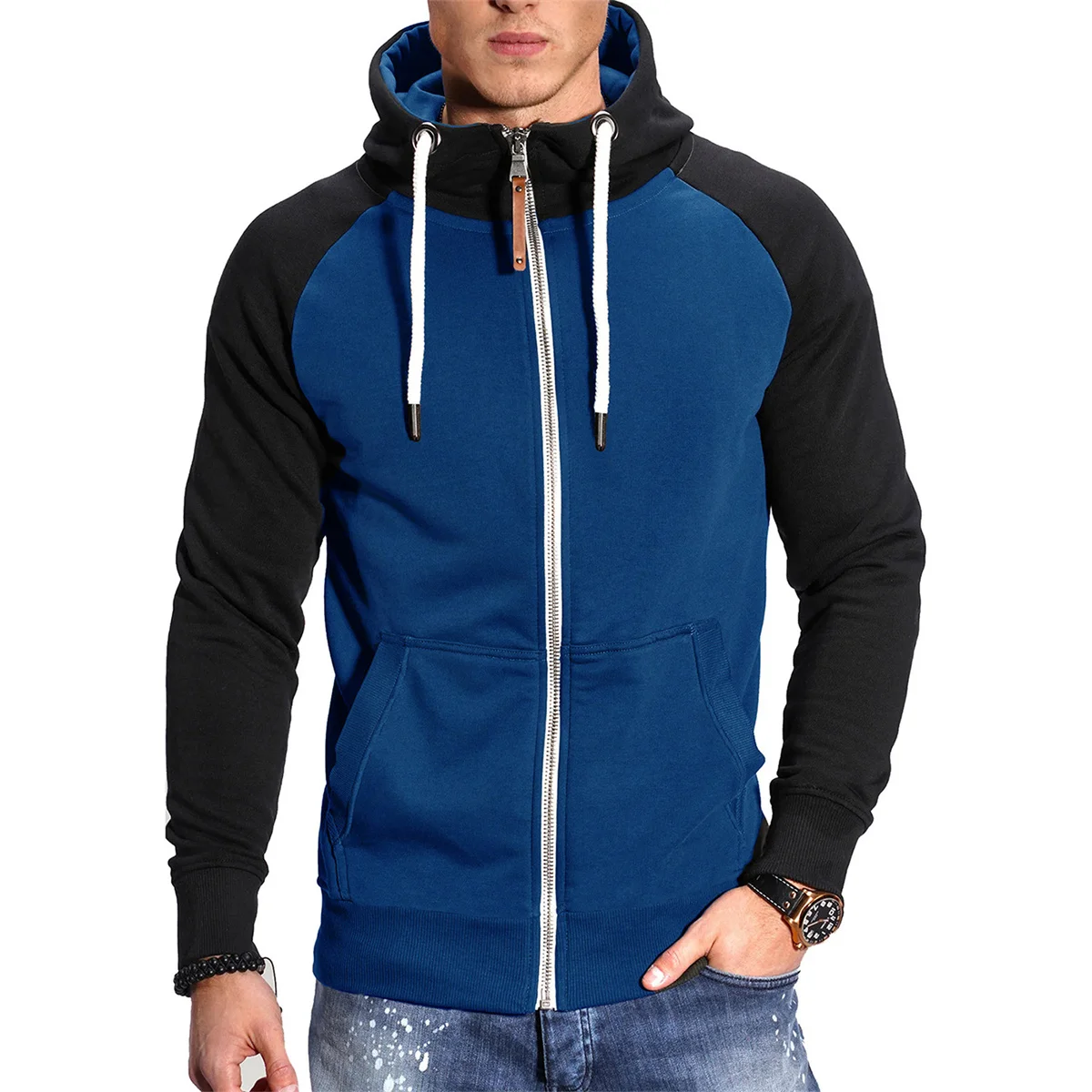 Winter Fashion Fitness Sports Men's Casual Splicing Color, Insert Shoulder Sleeve Hooded Thickened Straight-Through Hoodie 5